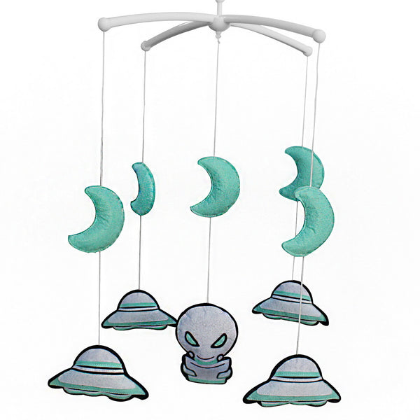 Light Green Handmade Baby Crib Mobile Kids Room Nursery Decor Baby Musical Mobile for Boys; Alien and UFO