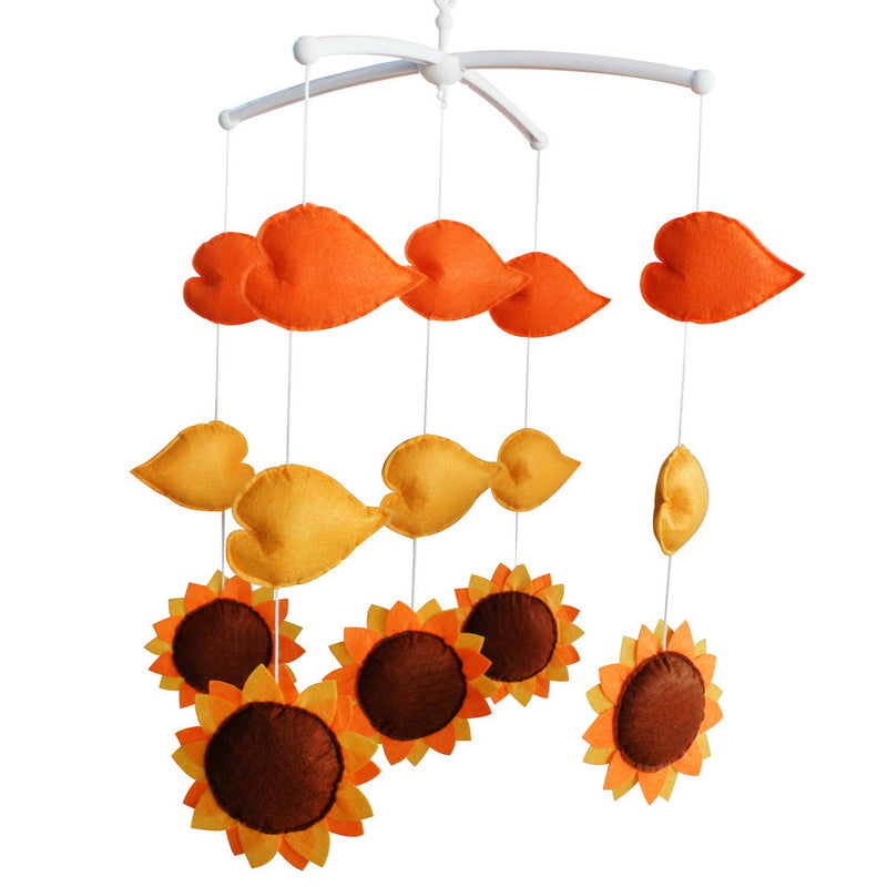 Baby Crib Mobile Orange Sunflower Golden Leaves Handmade Musical Mobile Baby Shower Gift Nursery Decor