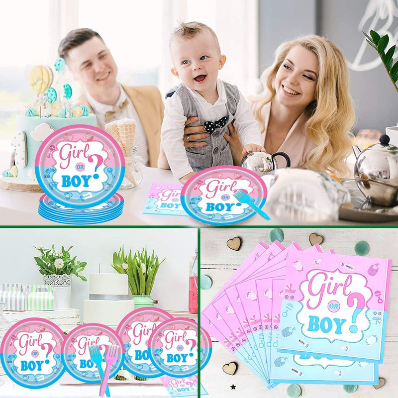 Gender Reveal Tableware Plates Baby Shower Boy or Girl Birthday Party Supplies Disposable Paper Dinnerware Set Serves 16 Guests for Boy Kids Perfect Plates, Napkins, Forks 64PCS(Shipment from FBA)