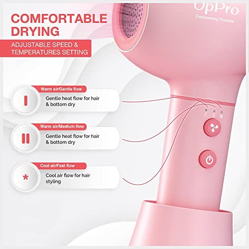 UpPro Gentle Cordless Low Heat/Speed Baby Hair Dryer for Infant; Mini Hair Dryer for Toddler; Baby Butt Blow Dryer for Diaper Rash Prevention; Suits Thin Hair Better(0-3Y Pink)