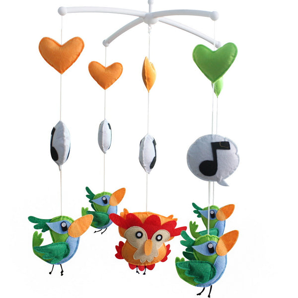 Green Dancing Woodpecker Handmade Baby Crib Mobile Boys Girls Musical Mobile Infant Nursery Hanging Toy