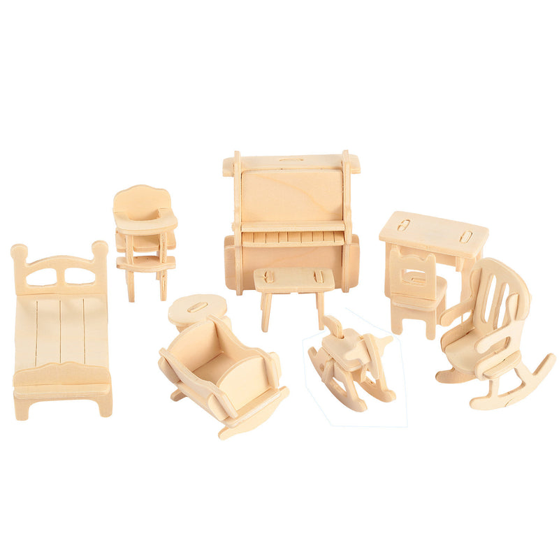 3D Wooden Dollhouse Furniture Puzzles DIY Miniature Furniture Models Set