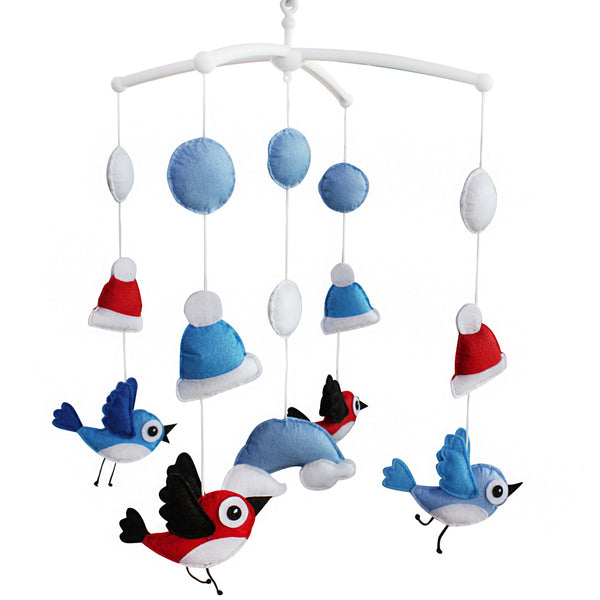 Winter Blue Red Birds Handmade Baby Boys Girls Musical Crib Mobile Nursery Mobile Hanging Toy