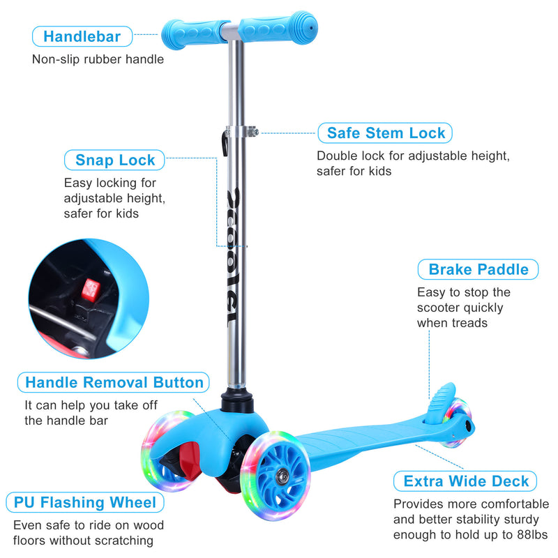 SimpleLux Kids Scooter - 4 Adjustable Height; Extra-Wide Deck with Brake &amp; 3 PU Flashing Wheels; Over 3 Years Old; Blue