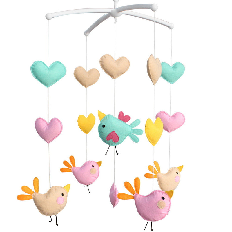 Pink Blue Birds Yellow Hearts Handmade Baby Crib Mobile Infant Musical Mobile Boys Girls Nursery Hanging Toy