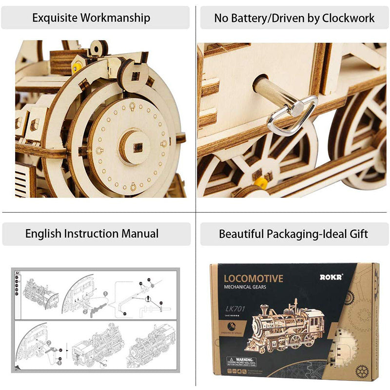 Robotime ROKR 3D Wooden Puzzle Train Model Clockwork Gear Drive Locomotive Assembly Model Building Kit Toys for Children LK701