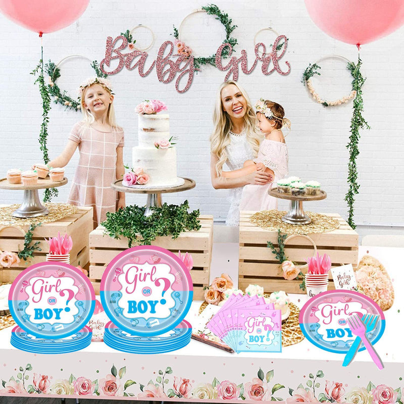 Gender Reveal Tableware Plates Baby Shower Boy or Girl Birthday Party Supplies Disposable Paper Dinnerware Set Serves 16 Guests for Boy Kids Perfect Plates, Napkins, Forks 64PCS(Shipment from FBA)