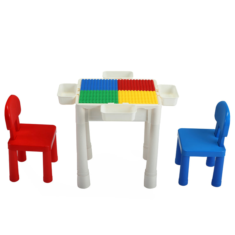 6-In-1 Multi Activity Plastic Table and 2 Chair Set;  Play Block Table with 71 PCS Compatible Big Building Bricks Toy for Toddlers;  Water Table;  Play Learn xh