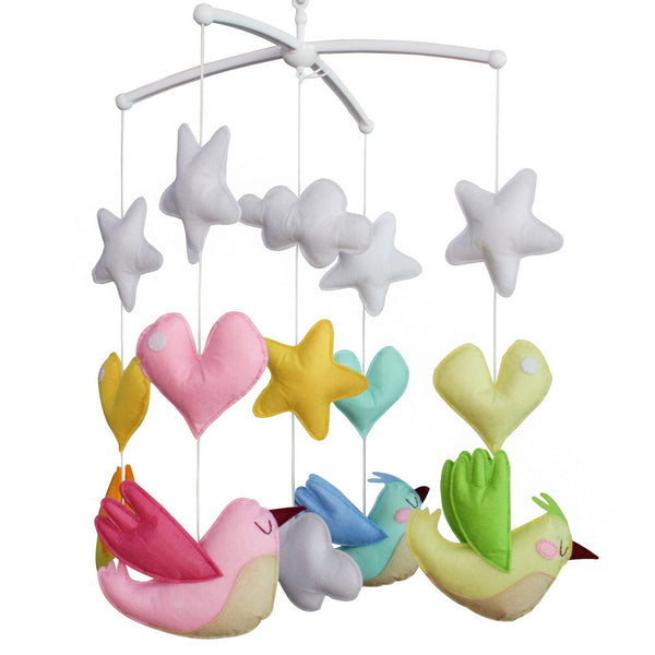 Green Blue Pink Birds Yellow Stars Hearts Handmade Baby Crib Mobile Infant Musical Mobile Boys Girls Nursery Hanging Toy