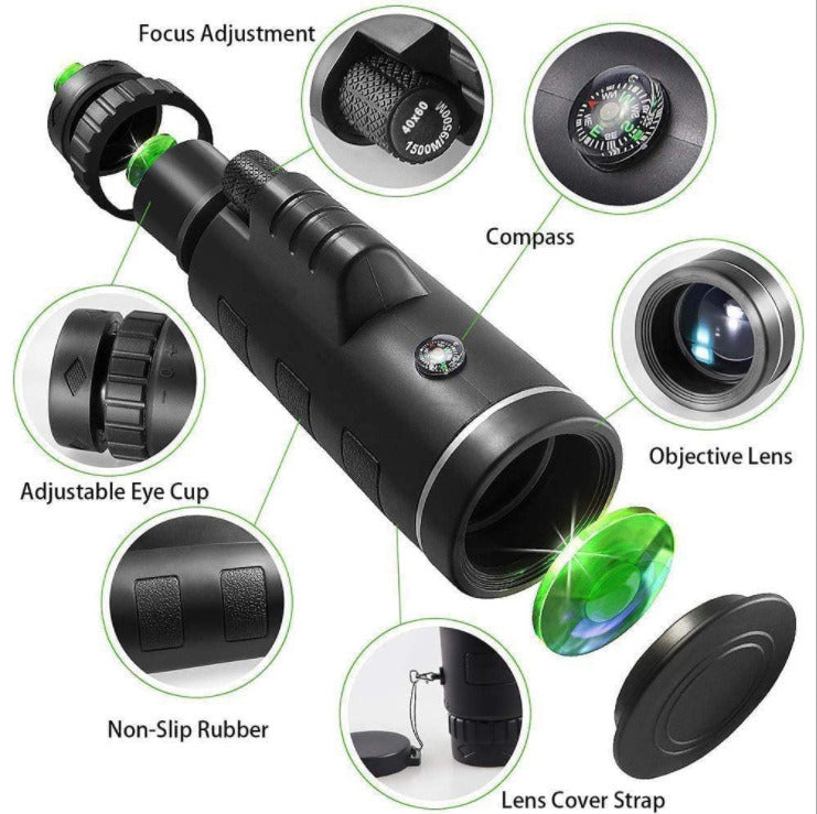 40X60 Monocular Telescope with Smartphone Holder & Tripod;  2022 Power Prism Compact Monoculars for Adults Kids;  HD Monocular Scope for Bird Watching Hiking Concert Travelling