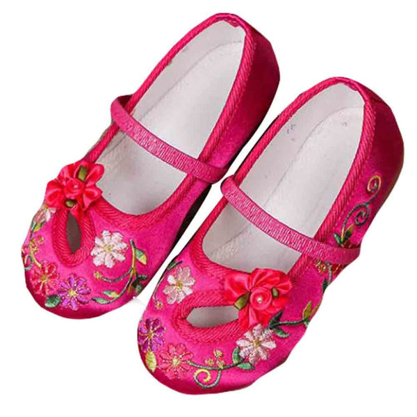 Hot Pink - Chinese Traditional Embroidery Shoes Flower Ballet Flats Girls Loafer