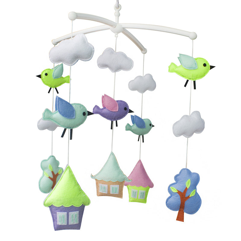 Colorful Birds House Trees Handmade Baby Musical Crib Mobile Boys Girls Nursery Hanging Mobile Toy