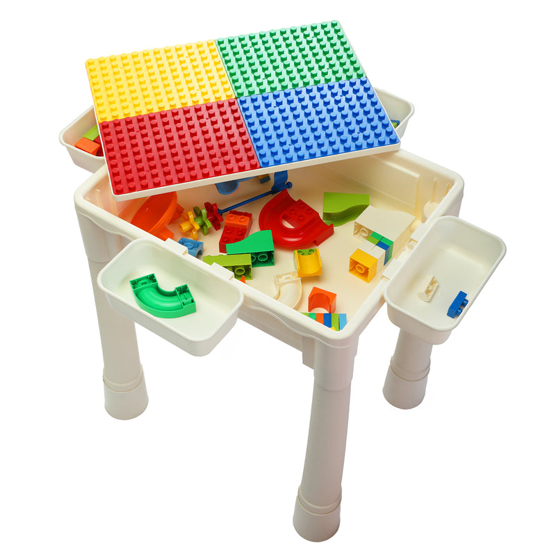 6-In-1 Multi Activity Plastic Table and 2 Chair Set;  Play Block Table with 71 PCS Compatible Big Building Bricks Toy for Toddlers;  Water Table;  Play Learn xh