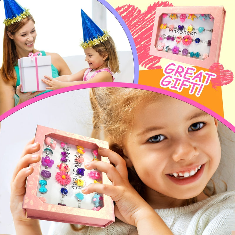 PinkSheep Little Girl Jewel Rings In Box; Adjustable; No Duplication; Girl Pretend Play And Dress Up Rings (24 Lovely Ring)