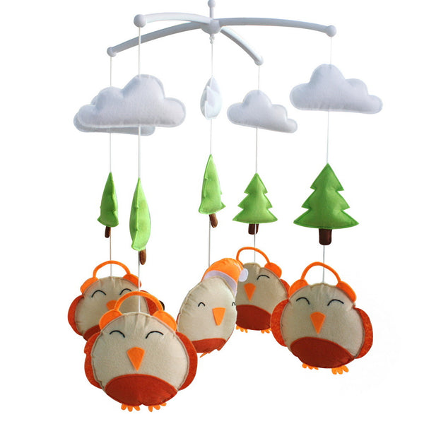 Winter Orange Birds and Trees Handmade Baby Crib Mobile Boys Girls Musical Mobile Infant Nursery Hanging Toy