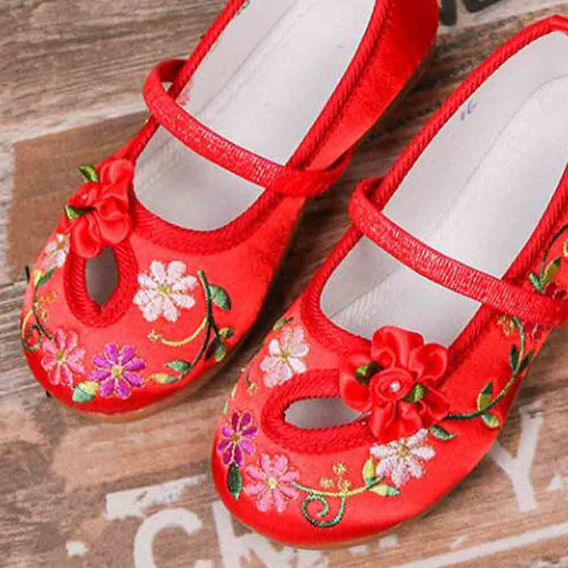 Red - Chinese Traditional Embroidery Shoes Flower Ballet Flats Girls Loafers