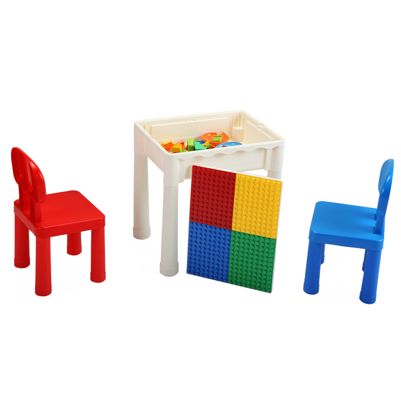 6-In-1 Multi Activity Plastic Table and 2 Chair Set;  Play Block Table with 71 PCS Compatible Big Building Bricks Toy for Toddlers;  Water Table;  Play Learn xh