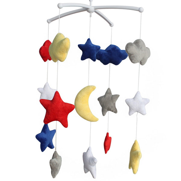 Handmade Plush Baby Crib Mobile Cute Star Moon Baby Musical Mobile Kids Room Decor; Blue Red