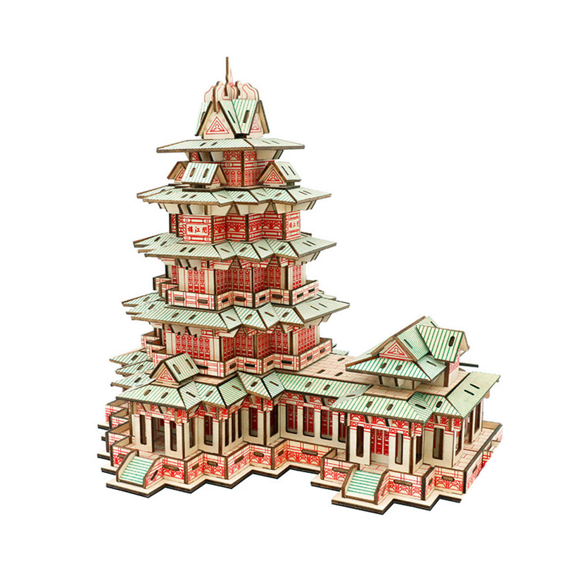 3D Wooden Puzzle for Adult Yuejiang Tower DIY Assembly Chinese City Scape Model Home Decor Gift